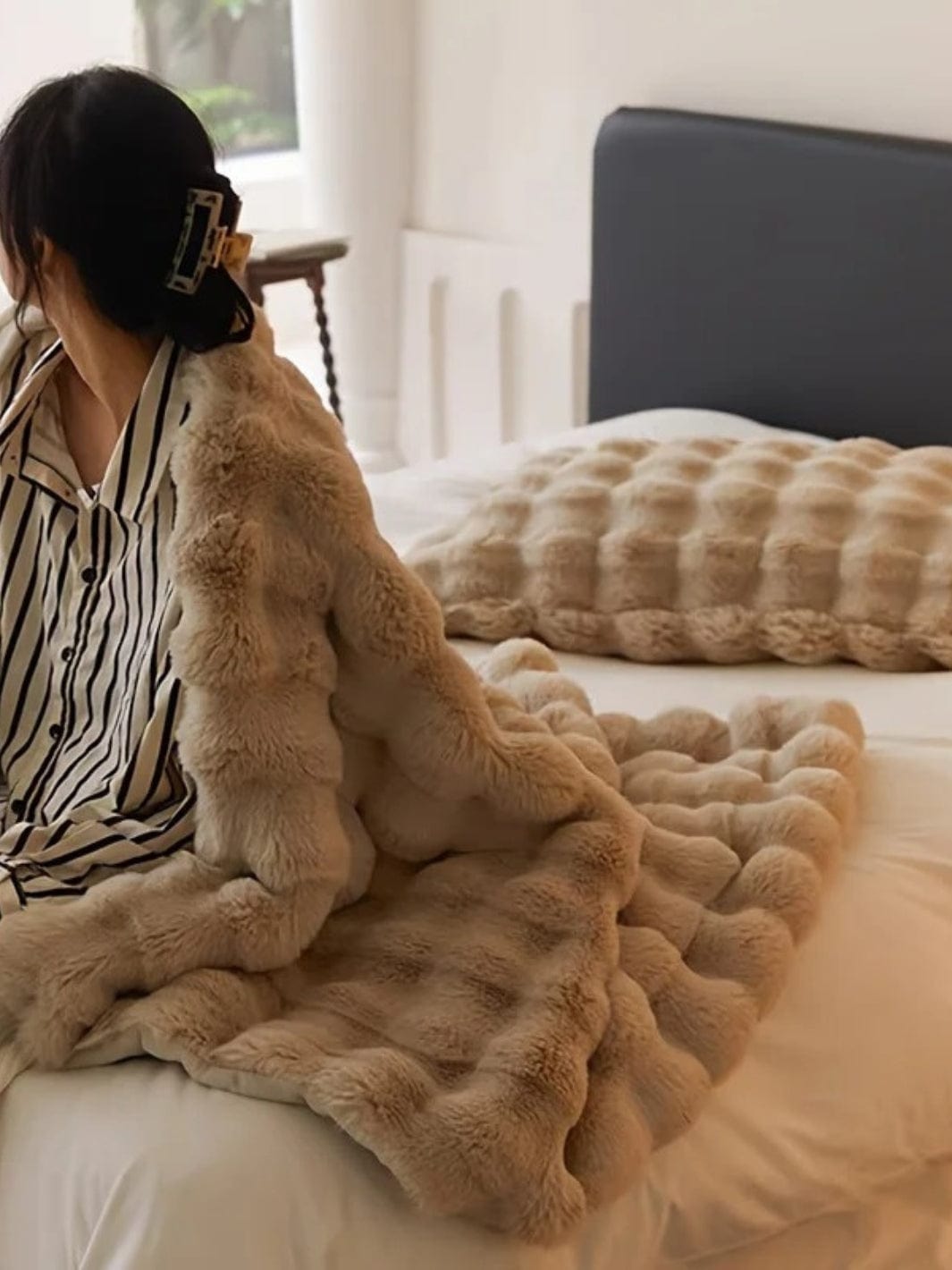 plaid fausse fourrure beige marron