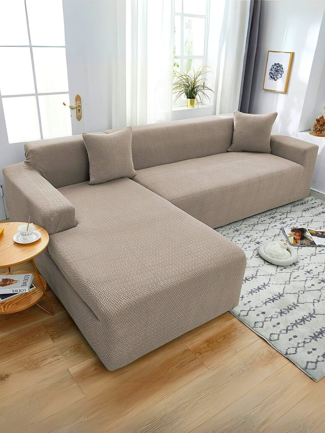 housse de canapé d'angle extensible beige