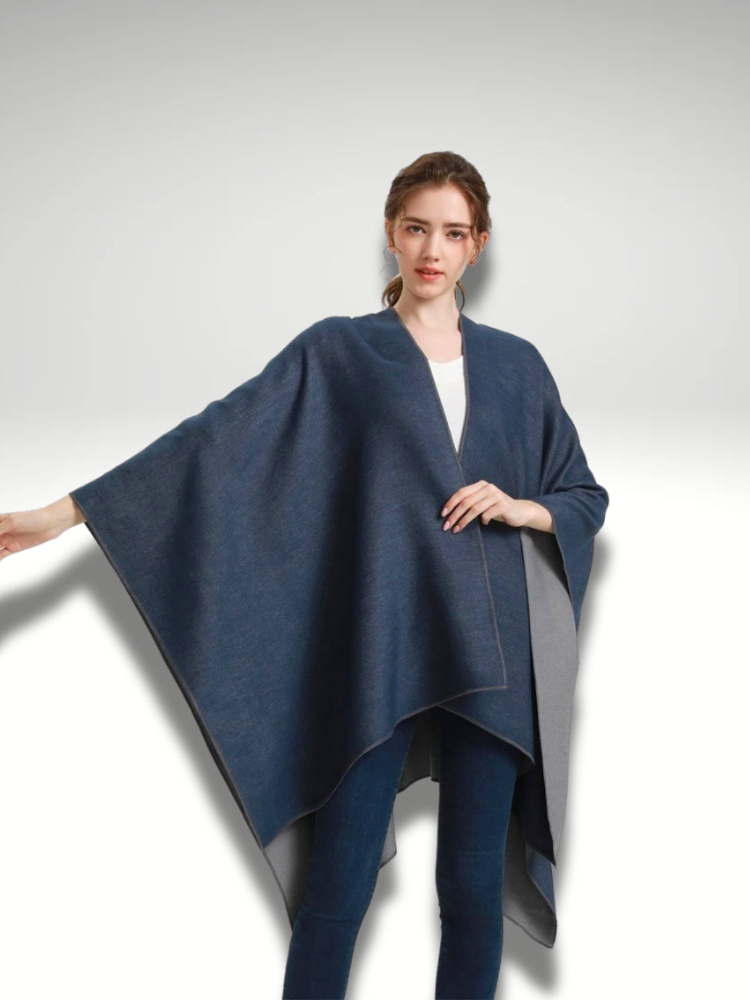 Poncho Plaid bleu marine/gris clair double face